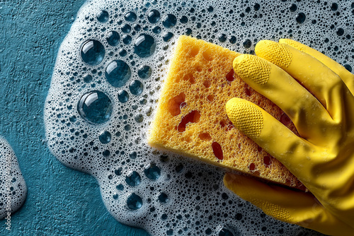 Yellow Gloved Hand Cleaning with Sponge on Soapy Blue Surface – Housekeeping and Cleaning Service Concept