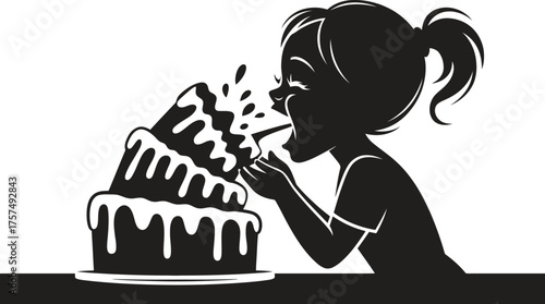 Silhouette of a girl blowing out candles on a tiered birthday cake