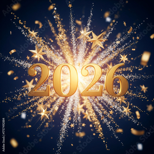 Elegant golden 2026 Happy New Year background with sparkling lights and festive glow. This image was created using artificial intelligence and edited in Adobe Photoshop.