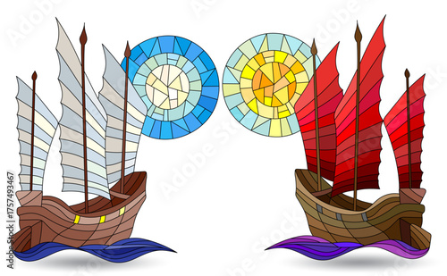 Wallpaper Mural A set of stained glass illustrations with oriental ships, objects isolated on a white background Torontodigital.ca