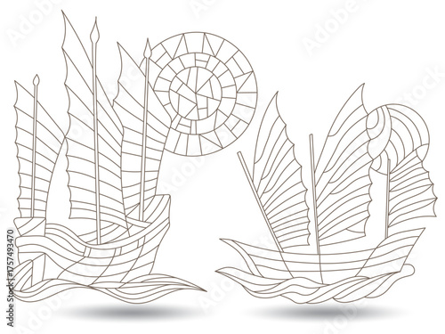 Wallpaper Mural A set of сщтещгк stained glass illustrations with oriental ships, objects isolated on a white background Torontodigital.ca