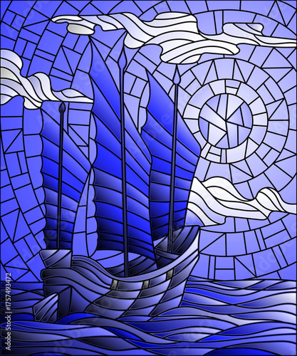 Wallpaper Mural The Eastern ship with red sails on the background of sky, sun and ocean, tone blue Torontodigital.ca