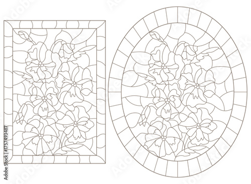 A set of contour illustrations in the style of stained glass with compositions of pansies, dark outlines on a white background