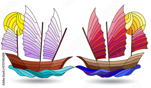A set of stained glass illustrations with oriental ships, objects isolated on a white background