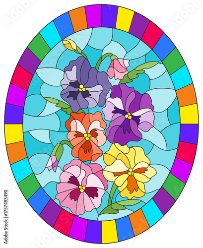 An illustration in the style of a stained glass window with a composition of pansies on a blue background in a frame