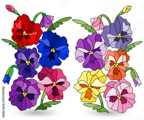 A set of  illustrations in the style of stained glass with compositions of pansies, isolated on a white background