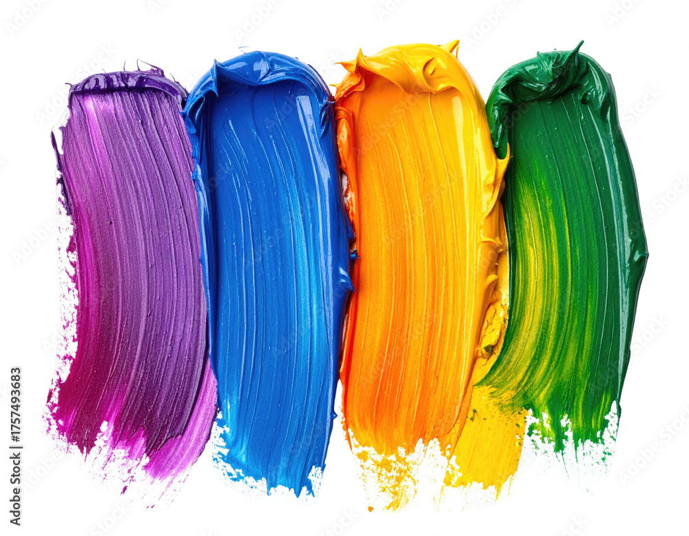 Fototapeta premium Isolated strokes of vibrant, textured paint in purple, blue, orange, and green hues, against black