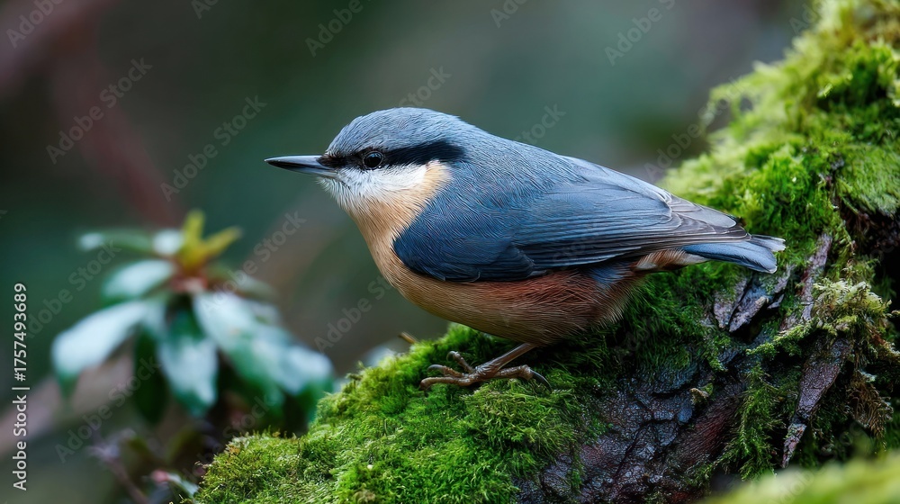 Fototapeta premium Close-up of a Eurasian Nuthatch perched on a moss-covered branch, showcasing intricate feather detail and a blurred natural background.