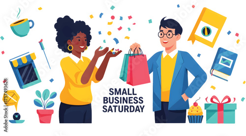 Vibrant vector illustration of a diverse community celebrating and supporting local entrepreneurs and small businesses with festive shopping