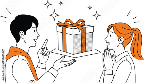 Excited couple receiving a surprise gift box with a bow, celebrating a special occasion