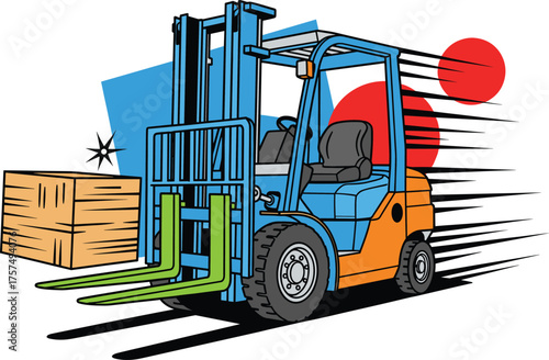 Colorful forklift carrying box, fast motion comic style, warehouse transport, industrial vehicle illustration, cargo handling, vector design art