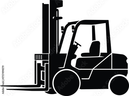 Forklift silhouette illustration, warehouse equipment vector, industrial vehicle design, construction machinery artwork, heavy lifting machine graphic, black and white transport icon