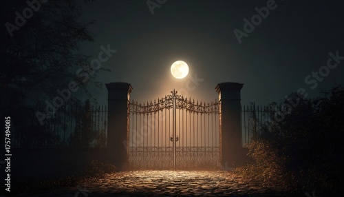 Scary halloween gate at night glowing under full moon
