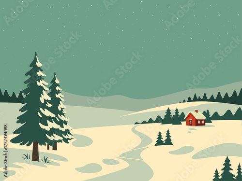 Snowy winter countryside scene vertical retro poster flat illustration design