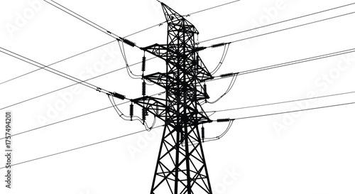 High voltage transmission tower illustration, electricity pylon vector, power line structure design, electrical grid artwork, industrial energy infrastructure, utility engineering graphic