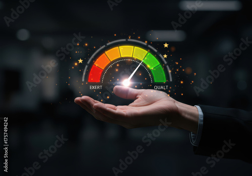 Hand holding a colorful credit score gauge with glowing lights and bokeh effects