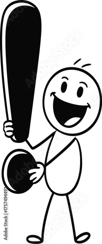 Stick figure holding exclamation mark and ball black and white