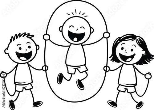 Three happy stick figure children playing jump rope