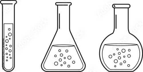 Laboratory glassware illustration, test tube with bubbles, Erlenmeyer flask vector, round bottom flask design, chemical experiment artwork, educational science equipment graphic