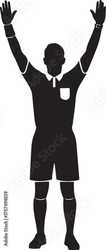 Soccer referee silhouetted with arms raised signaling a goal or victory celebration