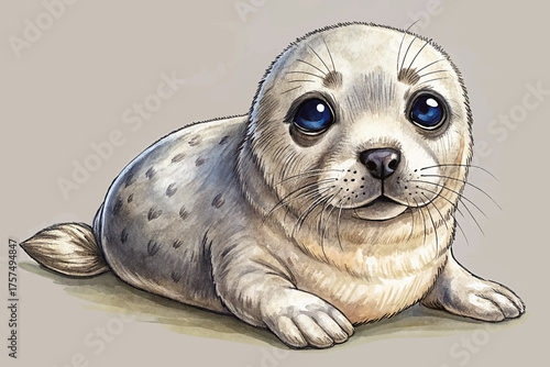 Harbour Seal Pup Lying Down vector Staring Straight Ahead watercolor