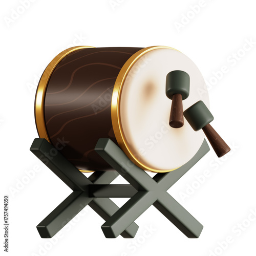 A 3D illustration of a traditional drum, often used for calling to prayer or marking festive occasions, resting on a wooden stand with two mallets