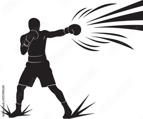 Dynamic silhouette boxer delivering powerful punch with motion lines and impact symbols