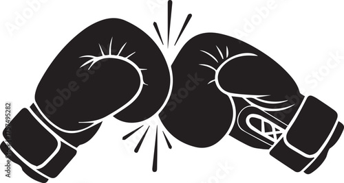 Pair of black boxing gloves collide with dynamic impact sparks symbolizing competition and fight
