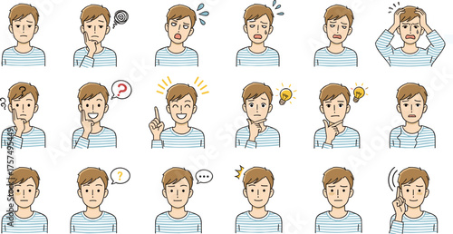 A collection of illustrations depicting a young woman's various facial expressions, emotional states, and hand gestures for communication concepts