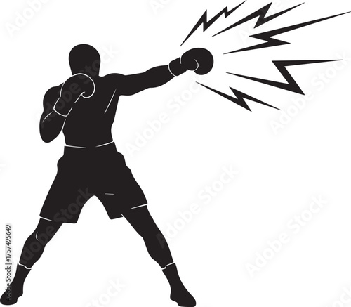 Dynamic silhouette of a boxer delivering a powerful punch with impact lines