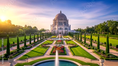 Serene Sunset Over Botanical Gardens with Fountain and Historic Architecture