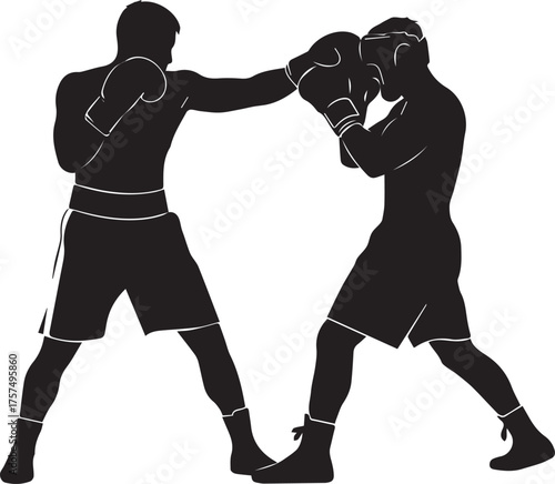 Two male boxers silhouette in dynamic combat pose throwing punches during a match