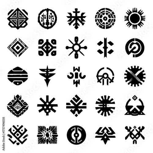 Abstract tribal symbols set, ancient ethnic icons, geometric patterns, mythical glyphs, decorative design elements, vector style graphics.