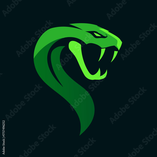 Aggressive green snake head illustration with sharp fangs, modern reptilian emblem. Stylized cobra viper icon design on dark background.