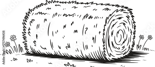Hand drawn sketch of a round hay bale in a field