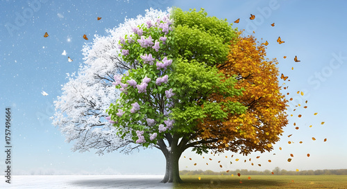 Celebrate the beauty of all four seasons with this vibrant tree showcasing winter snow, spring blossoms, summer greens, and autumn colors, all in one