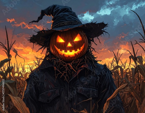 Scarecrow with a glowing pumpkin head stands in a cornfield at sunset, creating an eerie Halloween atmosphere
