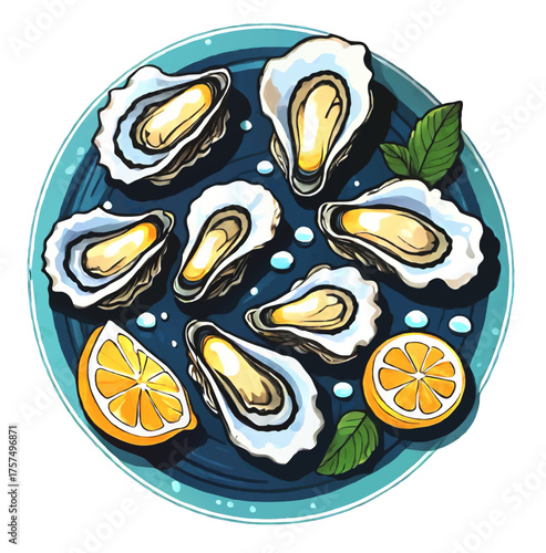 plate of oysters with lemons vector illustration