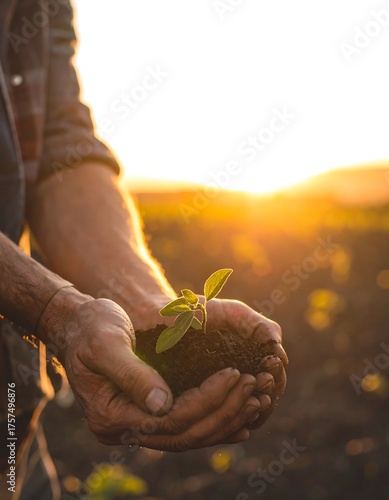 Farmer holding seedling at sunset