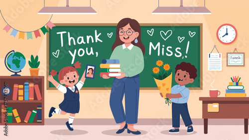 Adorable kids showing appreciation to their teacher in bright classroom setting