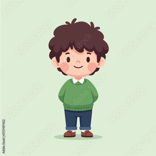 A cute cartoon illustration of a young boy with brown curly hair, wearing a green sweater and blue jeans, standing against a light green background, representing childhood innocence and playfulness