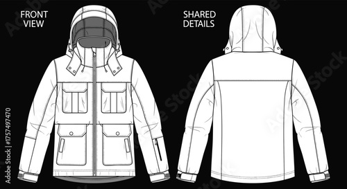 Technical sketch, hooded jacket, front view, back view, flap pockets, adjustable cuffs, fashion design, garment construction, outerwear, apparel template