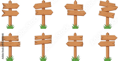Wooden signpost illustration set, rustic blank wood arrows vector, outdoor signage boards, navigation guide icons, empty directional artwork, vintage wooden design graphic