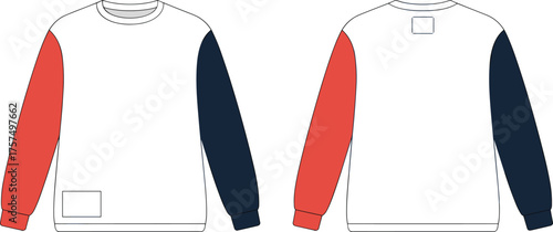 Apparel Technical Flat Sketch of a Color-Blocked Crewneck Sweatshirt, Featuring Red and Navy Contrasting Sleeves, Front and Back Views, Vector CAD Template.
