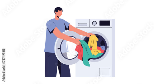 Man loading clothes into a washing machine for laundry, doing household chores and domestic tasks in a modern home setting, clean living concept