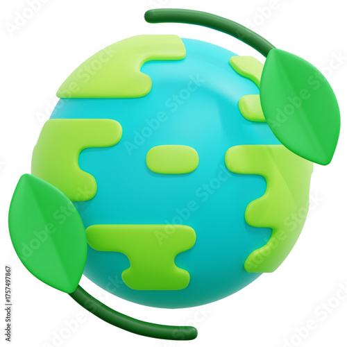 Lush 3D icon depicting a green Earth embraced by fresh leaves, symbolizing global environmental protection, sustainable living, and the essential concept of ecological balance