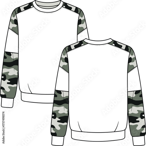 Technical Fashion Flat Sketch of a Camouflage Sleeve Raglan Sweatshirt, Featuring Front and Back Views, with Crew Neck and Ribbed Cuffs, Vector Template.