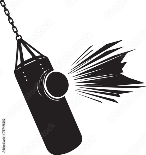 Impactful punch on heavy boxing bag with dynamic motion lines for training