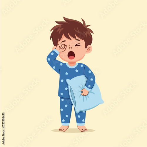 A cute young boy in blue pajamas yawning and holding a pillow, representing sleepiness and bedtime, perfect for children's illustrations