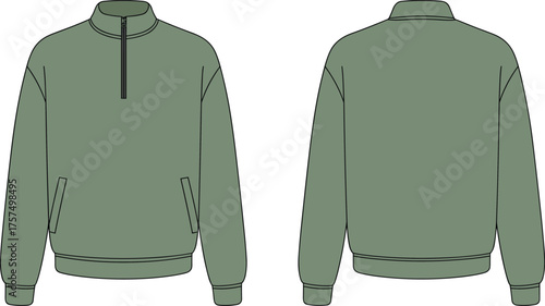 Technical Fashion Flat Sketch of a Quarter-Zip Pullover Sweatshirt, Featuring Front and Back Views, with Ribbed Hem and Side Pockets, Vector Outline Template.